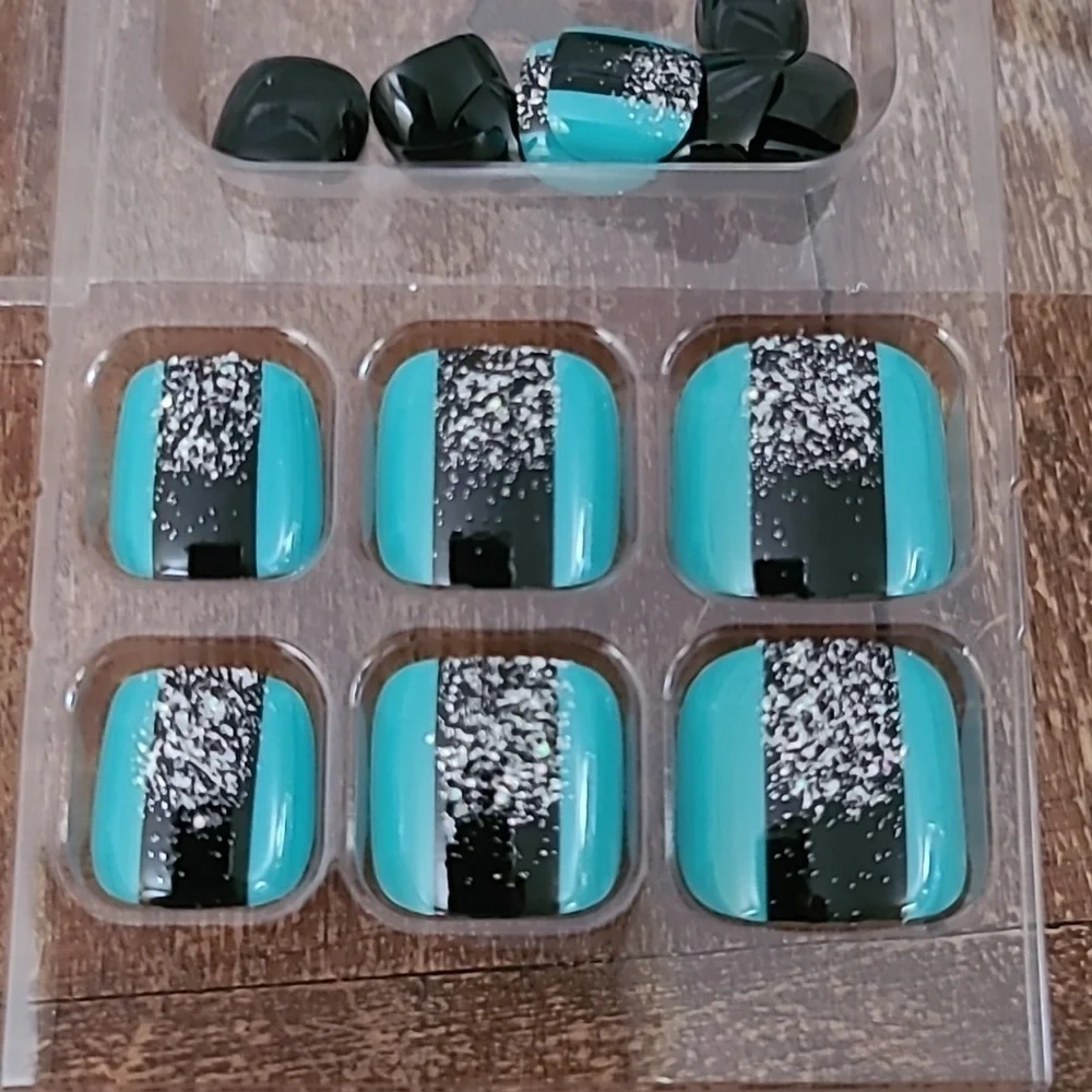 2/$16 Blue Black Glitter Press On Toenails